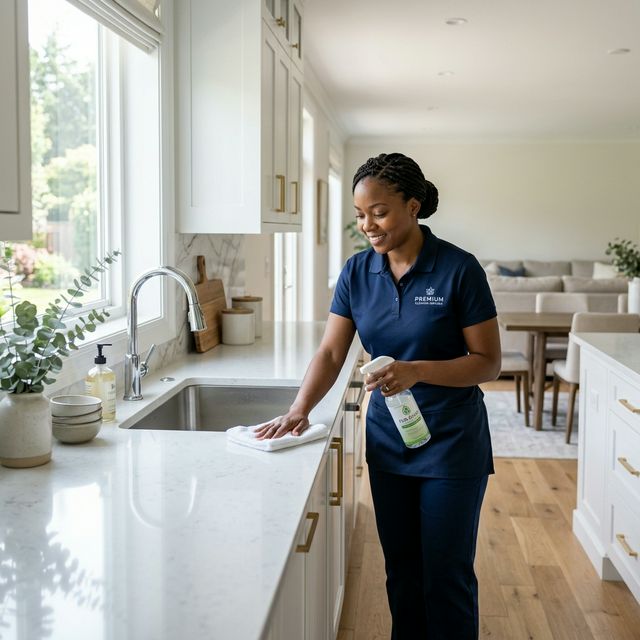 Professional cleaner wiping a kitchen counter